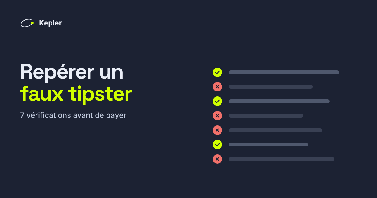 Une liste de sept vérifications, certaines cochées, d’autres barrées, à côté du titre « Repérer un faux tipster ».